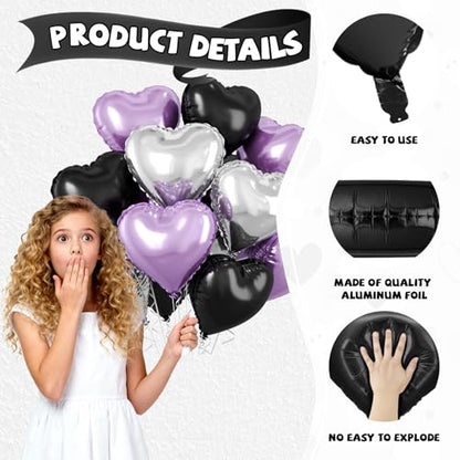 Purple Black Heart Balloons, 10PCS Silver Foil for Goth Princess Birthday - color: Black Purple