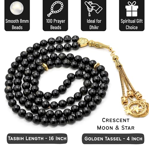 Amazing Gemstone Crystal Tasbeeh with Moon and Star Charm - Certified Crystal Muslim Prayer Beads Natural Gemstone Tasbih Gift for Ramadan Dhikr and Daily Namaz (G) - color: Silver Sheen Obsidian