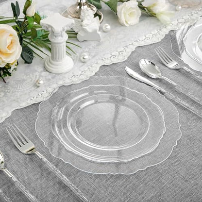 Liacere 150PCS Clear Silver Plastic Plates & Disposable Silver Plastic Silverware with Glitter Bamboo Handle Cutlery-Baroque Clear Disposable Plates for Wedding & Party - color: Silver, size: Baroque Style