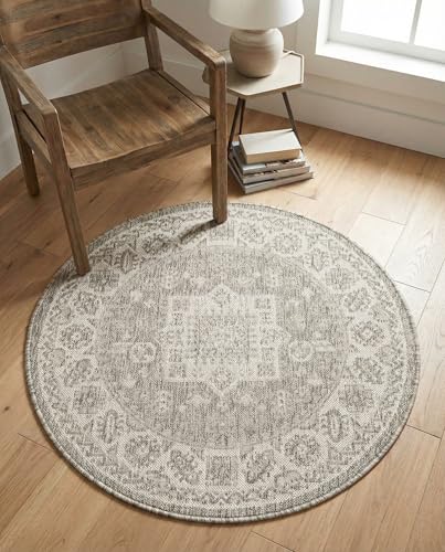 Rugs.com - Outdoor Aztec Rug – 3 Ft Round Light Gray Indoor/Outdoor Rug – Weather-Resistant and Easy-Clean Accent for Patios, Decks, and Porches - color: Light Gray, size: 3' (Round)