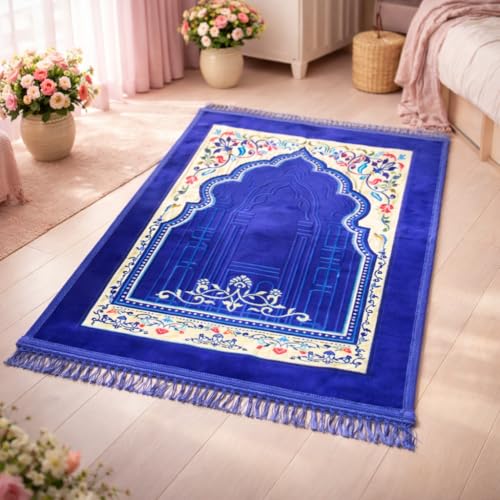 Prayer Mat for Muslim Men or Women, 70x110cm, Blue | Portable, For Ramadan, Umrah, Hajj, Turkish Rug, For Meditation and Worship - color: Blue