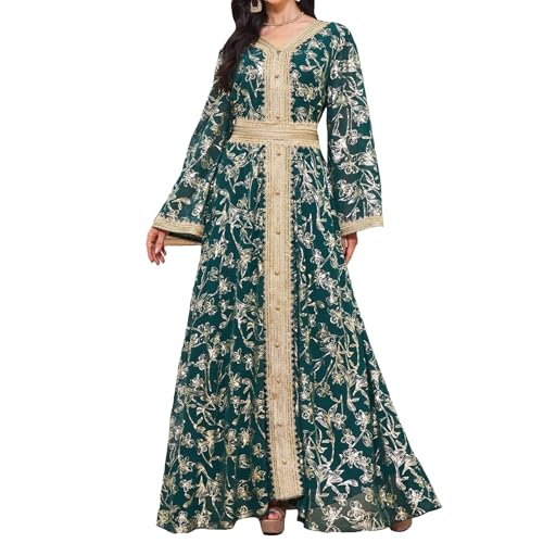 Abaya Muslim Dress for Women V Neck Belted Embroidered Floral Maxi Kaftan Islamic Dubai Arabian Evening Dress - color: Emerald Green, size: Large