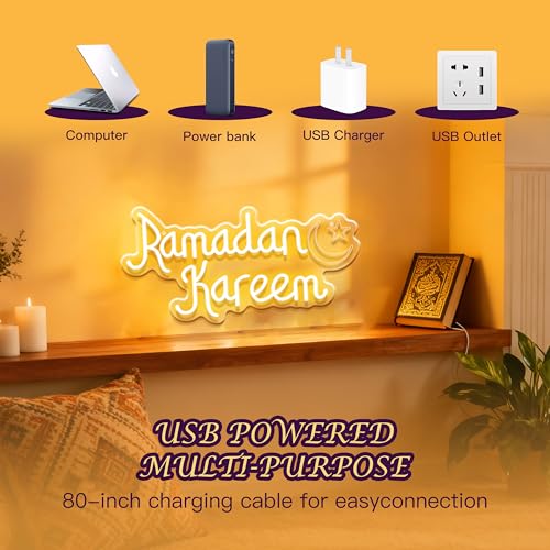 Ramadan Kareem Neon Sign for Wall Decor, Mubarak Light Up Sign, Moon Star Neon Light Decor for Home Party Eid Kareem Wall Decoration