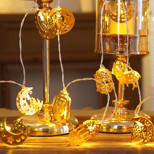 Ramadan Eid Mubarak Lights, Metal Islamic Lantern Moon Decor Lights with Remote Control, 8 Lighting Modes & 2 Brightness, Ideal for Eid Home Party Fireplace Wall Decor Indoor - style: Eid Decorations