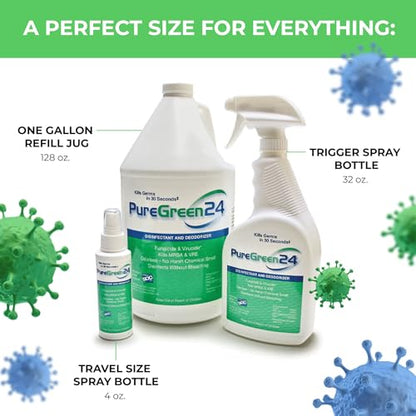PureGreen24 Value pack Safe & Effective Disinfectant. Kills Deadly Germs including RSV COVID-19 Norovirus MRSA Staph 2026 flu Bird flu Contains no toxic chemicals odorless (1 gallon 3 x 32oz sprays)