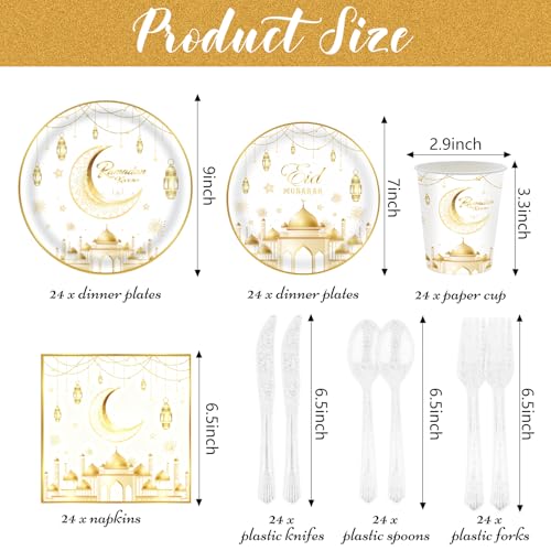 Auch Eid Mubarak Party Supplies Set – 24 Pack Tableware Set for Ramadan Eid Celebrations - Include Plates, Paper Cups, Napkins, Gold Foil Cutlery (White)