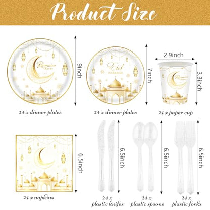 Auch Eid Mubarak Party Supplies Set – 24 Pack Tableware Set for Ramadan Eid Celebrations - Include Plates, Paper Cups, Napkins, Gold Foil Cutlery (White)