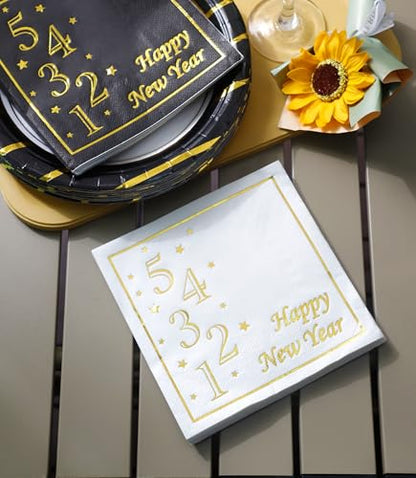 2026 New Year Plates and Napkins Party Supplies - Serves 25 - Happy New Year Eve 9 Inch and 7 Inch Plates, Napkins NY Party Decorations Favors