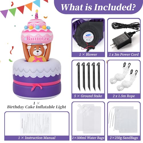 Lewondr 6FT Inflatable Birthday Cake Outdoor Decorations, Automatic Lifting Bear, Waterproof Blow Up Happy Birthday Decor with Candle 4 LED Lights for Outdoor Indoor Party Garden Yard Lawn - style: Lifting Bear