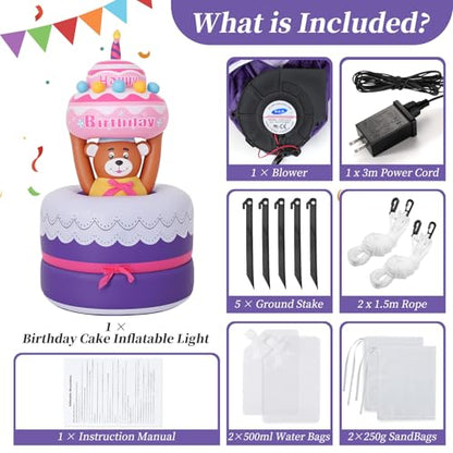 Lewondr 6FT Inflatable Birthday Cake Outdoor Decorations, Automatic Lifting Bear, Waterproof Blow Up Happy Birthday Decor with Candle 4 LED Lights for Outdoor Indoor Party Garden Yard Lawn - style: Lifting Bear