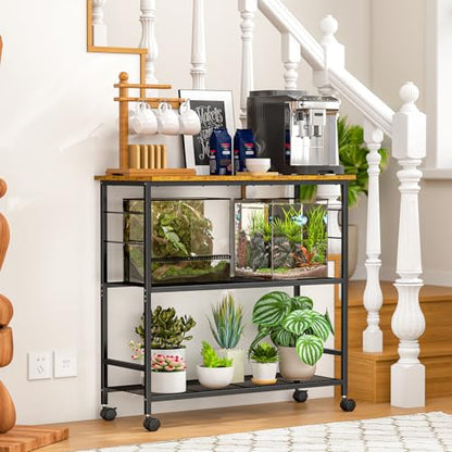 ThreeHio 20 Gallon Fish Tank Stand, 3 Tier Aquarium Stand with Adjustable Shelf, 33.11" L* 15.75" W Tabletop, Heavy Duty Terrarium Stand with Lockable Wheels, Rolling Storage Cart Shelf Rack Organizer for Kitchen, Living Room, Office, Balcony