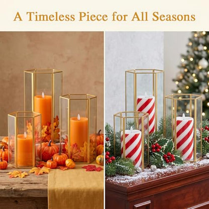 Glass Hurricane Candle Holder, Set of 3 Large Clear Hexagon Lanterns Pillar Candle Lantern with Gold Metal Frame Wedding Centerpiece Table Decor Home Decorations