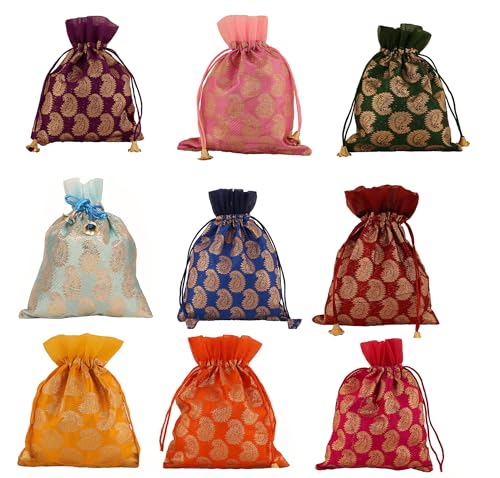 Touchstone Drawstring Bags Indian Handcrafted Pouches Potli for Gifts - color: -Paisley_Multicolor (Pack of 9), size: 7x5 inches