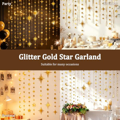 Star Garland, 55Ft Gold Star Moon Circle Dot Double-Sided Hanging Bunting Banner for Valentine’s Day Graduation Birthday Wedding Baby Shower Ramadan Kids Room Decor