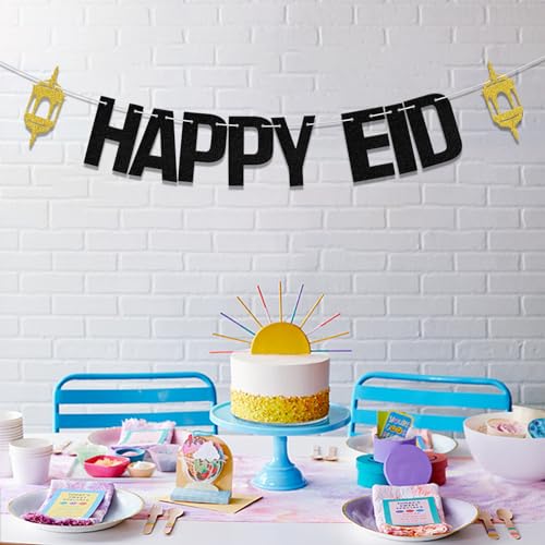 Happy Eid Banner, Eid Festival Party Decor, Umrah Mubarak Banner, 2024 Eid Mubarak Hajj Mubarak Islamic Muslim Festival Party Supplies Gold Black - color: Black