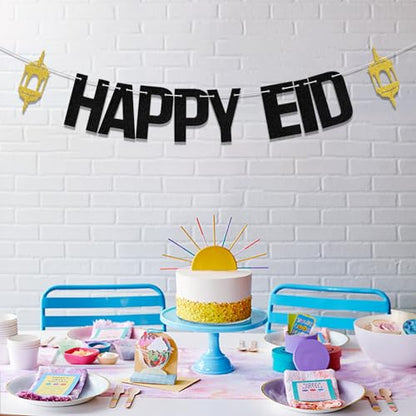 Happy Eid Banner, Eid Festival Party Decor, Umrah Mubarak Banner, 2024 Eid Mubarak Hajj Mubarak Islamic Muslim Festival Party Supplies Gold Black - color: Black
