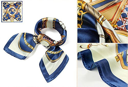 QBSM Womens 23.6 inch Satin Silk Feeling Formal Square Neck Scarf Head Hair Wraps Kerchief - color: Carriage Wheel-navy
