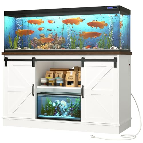 Hlivelood Farmhouse 55-75 Gallon Fish Tank Stand with Power Outlet, Aquarium Stand w/Cabinet&Sliding Barn Door, Heavy Duty Reptile Tank Stand for Fish/Turtle/Reptile Terrarium, 1000LB Capacity, White - color: White, size: 55-75 Gallon