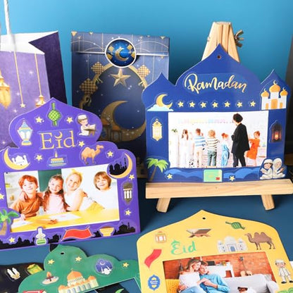 NOVWANG 30 Pack Ramadan DIY Picture Frame, Mosque Picture Frame Craft Hanging Ornaments with 30 Sheets Eid Mubarak Stickers for Eid Al Fitr Party Class Activities - color: Multicolour - Eid Style