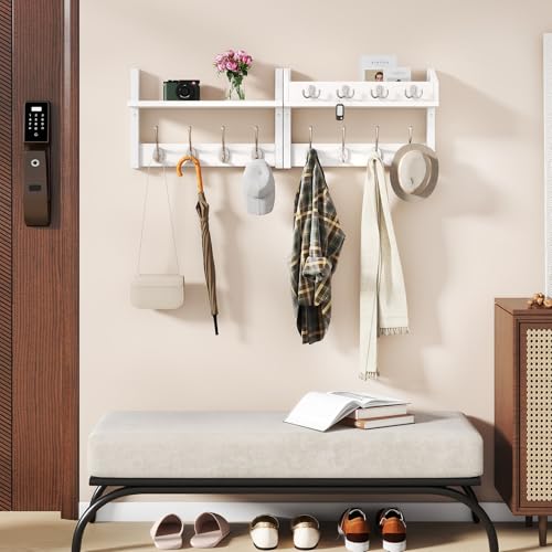 YMYNY 31.5" Coat Rack Wall Mount with Shelf, 4 in 1 Key and Coat Hanger with 12 Metal Hooks, Wall Shelf with Hooks & Mail Holder for Living Room, Bedroom, White, HWS007W-2 - color: White, size: 31.5" - 4-in-1