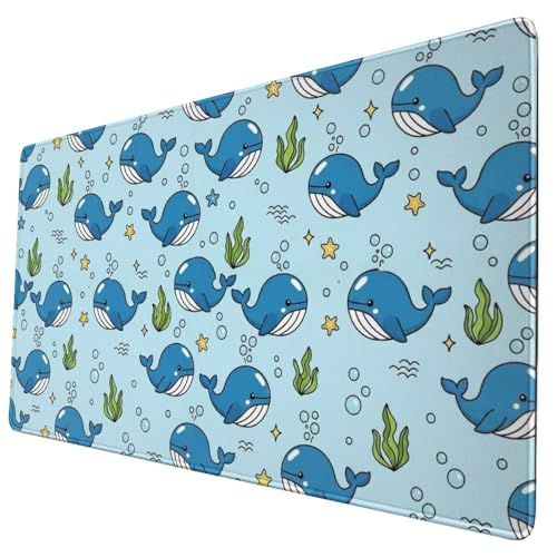 Stitched Border Large Mouse Pad Cartoon Whale Ocean Blue, Rubber Base Desk Mat Computer Workstation Use - color: Pattern (155), size: 29.5L x 15.8W inches