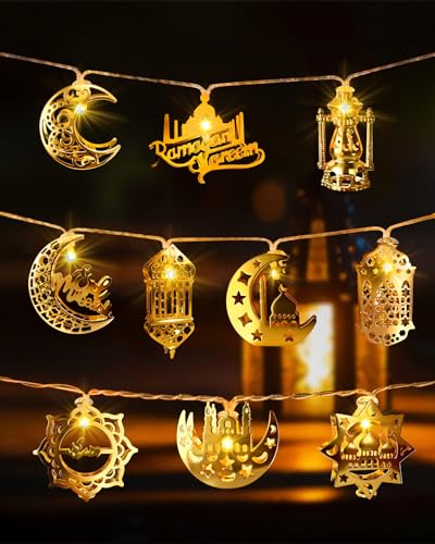Ramadan Eid Mubarak Lights, Ramadan Decorations for Home 10 LEDs Eid Mubarak String Lights Moon Star Lantern Eid Mubarak Decoration for Wall Tree Hanging Indoor Outdoor Decor - style: Traditional