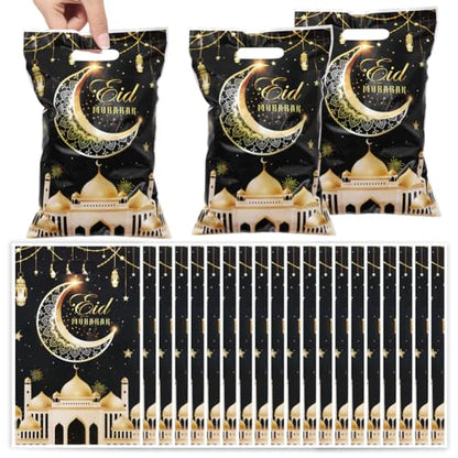 Eid Mubarak Gift Bags with Die Cut Handles, 50pcs - Gold Muslim Mosque Moon Stars Lantern Print Ramadan Theme Black Goodie Candy Snack Plastic Bags Pouch for Muslim Islamic Diwali Party Favor Kids Gifts