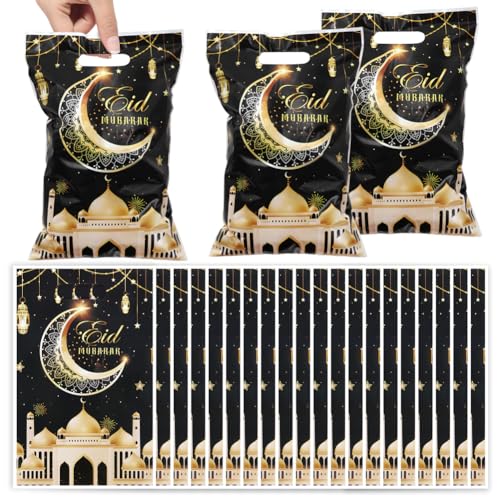 Eid Mubarak Gift Bags with Die Cut Handles, 50pcs - Gold Muslim Mosque Moon Stars Lantern Print Ramadan Theme Black Goodie Candy Snack Plastic Bags Pouch for Muslim Islamic Diwali Party Favor Kids Gifts