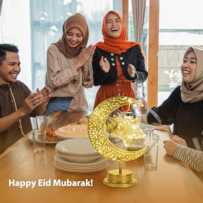 Lewondr Decorative Moon Star Table Lamp, Battery Operated Desk Warm Light | Ramadan Eid Mubarak Festival Decoration, Cordless Metal Crescent Star Lantern Light for Bedroom Nightstand, Desktop & Holiday - style: Star Moon