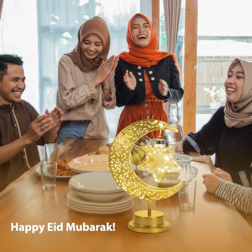 Lewondr Decorative Moon Star Table Lamp, Battery Operated Desk Warm Light | Ramadan Eid Mubarak Festival Decoration, Cordless Metal Crescent Star Lantern Light for Bedroom Nightstand, Desktop & Holiday - style: Star Moon