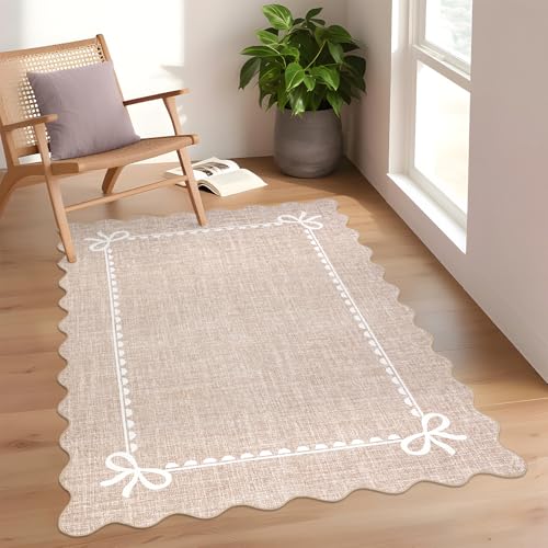 GarveeHome Scalloped Bow Rug 4x6 Washable Camel Rug for Bedroom Living Room - color: Camel, size: 4' x 6' (Rectangular)