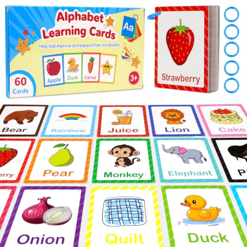 Toddler Learning Flash Cards, 60 PCS Double Sides Flashcards for Alphabets, Numbers, Colors, Shapes, Sight Words, Baby Cognitive Flashcards for Kids, Preschool Kindergarten Learning Activities - style: Alphabet Learning Cards
