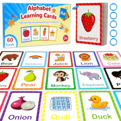 Toddler Learning Flash Cards, 60 PCS Double Sides Flashcards for Alphabets, Numbers, Colors, Shapes, Sight Words, Baby Cognitive Flashcards for Kids, Preschool Kindergarten Learning Activities - style: Alphabet Learning Cards