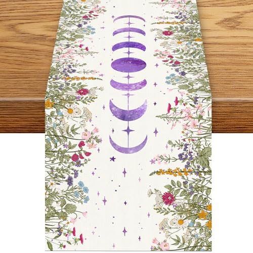 Boho Floral Moon Table Runner, Seasonal Spring Wild Floral Purple Moon Phase Gothic Witch Mystical Coffee Table Center Decor for Family Kitchen Outdoor Holiday Party Table Decorations, 13"x36" - color: Moon Flower-2, size: 13“ X 36"