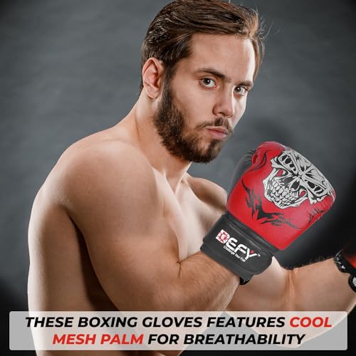 Defy Sports Boxing Gloves for Men and Women - Premium Quality Faux Leather Kick Boxing Gloves – Gel Infused Kickboxing Gloves with Thumb Support - Versatile Usage – Skull Model Design - size: 14 oz