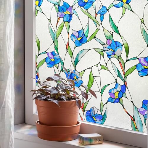 Window Privacy Film, 3D Stained Glass Window Film, 23.6x35.4in | Decorative Window Privacy Film for Bathroom, Front Door, Home, Sun Blocking Heat Control, Static Cling, Blue Eustoma - color: Blue Eustoma, size: 23.6inch x 35.4inch