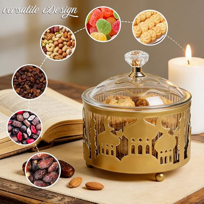 6PCS Ramadan Tray with Lid Eid Mubarak Dinner Plate Ramadan Serving Tray Muslim Islamic Dessert Trays Tableware Dessert Metal Platters Candy Storage Container Pastry Small Display Holder