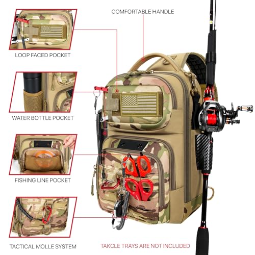 Fishing Sling Bag with Tackle Box, MOLLE System Fishing Backpack with Fishing Lures Kit, Fish Hook Remover Tool, Fish Lip Gripper, Fishing Plier & Accessories, Fishing Gear Gift for Men, Khaki - color: Brown-01Set