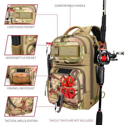 Fishing Sling Bag with Tackle Box, MOLLE System Fishing Backpack with Fishing Lures Kit, Fish Hook Remover Tool, Fish Lip Gripper, Fishing Plier & Accessories, Fishing Gear Gift for Men, Khaki - color: Brown-01Set