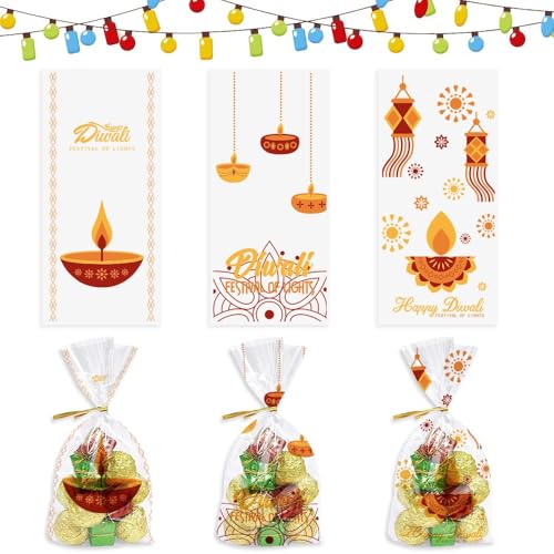 Hying 120 Pieces Diwali Cellophane Bags with Twist Ties, Deepavali Candle Cello Treat Bags Indian Holiday Candle Bag Festival of Lights Treat Bags for Cookie Candy Goodies Wrapping Supplies - color: CB-YC-230817-DW candle