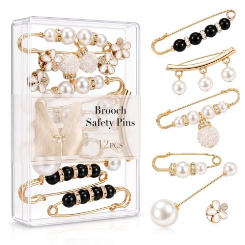 Brooch Safety Pins for Women, Decorative Pearl Pins for Clothes, Pant Waist Tightener for Jeans, Fashion Sweater Shawl Clips and Cover Up Buttons Clothing Accessories - color: 12Pcs Assorted