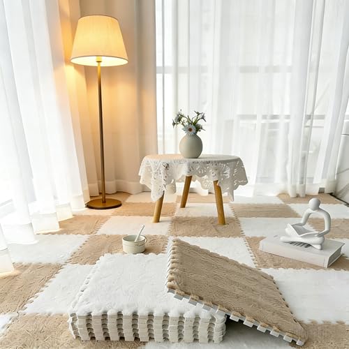 12pcs Carpet Squares Puzzle Floor Mat, Plush Interlocking Carpet Tiles, Anti Slip EVA Foam Jigsaw Floor Tiles, Build A Safe Area for Bedroom Playroom (Beige+White) - color: Beige+white