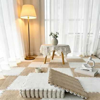 12pcs Carpet Squares Puzzle Floor Mat, Plush Interlocking Carpet Tiles, Anti Slip EVA Foam Jigsaw Floor Tiles, Build A Safe Area for Bedroom Playroom (Beige+White) - color: Beige+white