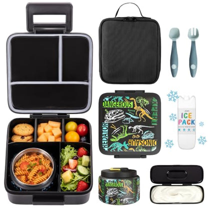 JXXM Bento Lunch Box for Kids With 8oz Soup thermo,Leak-proof Lunch Containers with 5 Compartment,thermo Food Jar and Lunch Bag, Food Containers for School (A-Black(Dinosaur Fossil)) - color: Black Dinosaur Fossil