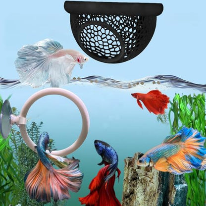 2 Pack Resting Beds for Betta Fish, Betta Fish Hammock for Aquarium & 2 Exercise Training Ring Toys,Fish Feeding Ring, Fish Aquariums Accessories