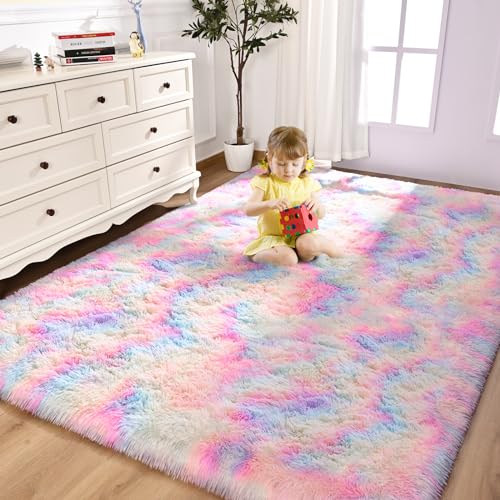 FlyDOIT Large Area Rugs for Living Room, 4x6 Feet Tie-Dyed Rainbow Shaggy Rug Fluffy Throw Carpets, Ultra Soft Plush Modern Indoor Fuzzy Rugs for Bedroom Girls Kids Nursery Room Dorm Home Decor - color: Rainbow, size: 4' x 6' (Rectangular)