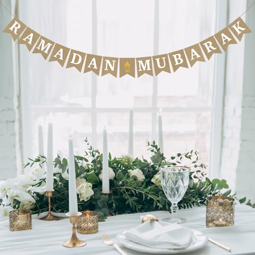 Burlap Ramadan Mubarak Banner - Rustic Ramadan Decorations, Eid Mubarak Party Decor, Muslim Fireplace Mantel Decoration Supplies
