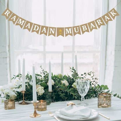 Burlap Ramadan Mubarak Banner - Rustic Ramadan Decorations, Eid Mubarak Party Decor, Muslim Fireplace Mantel Decoration Supplies