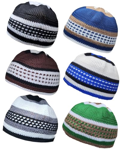 Al-Ameen Muslim Gift Pack 6 Colors Beanie Cap AMN-260P6 Islamic Kufi Prayer Knit Hat Crochet Taqiyah Takke Skull Topi Eid Ramadan Souvenir