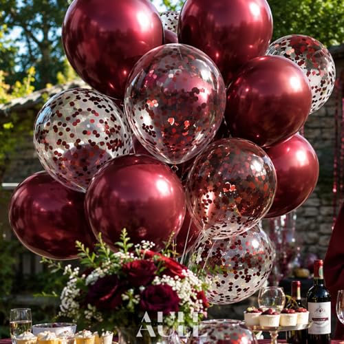 AULE Party Balloons Pack of 42 - Metallic Burgundy Balloons and Confetti Latex Helium Balloons With 64ft Ribbons - 12 Inch Mroon Chrome Balloon Decoration Set - color: Burgundy